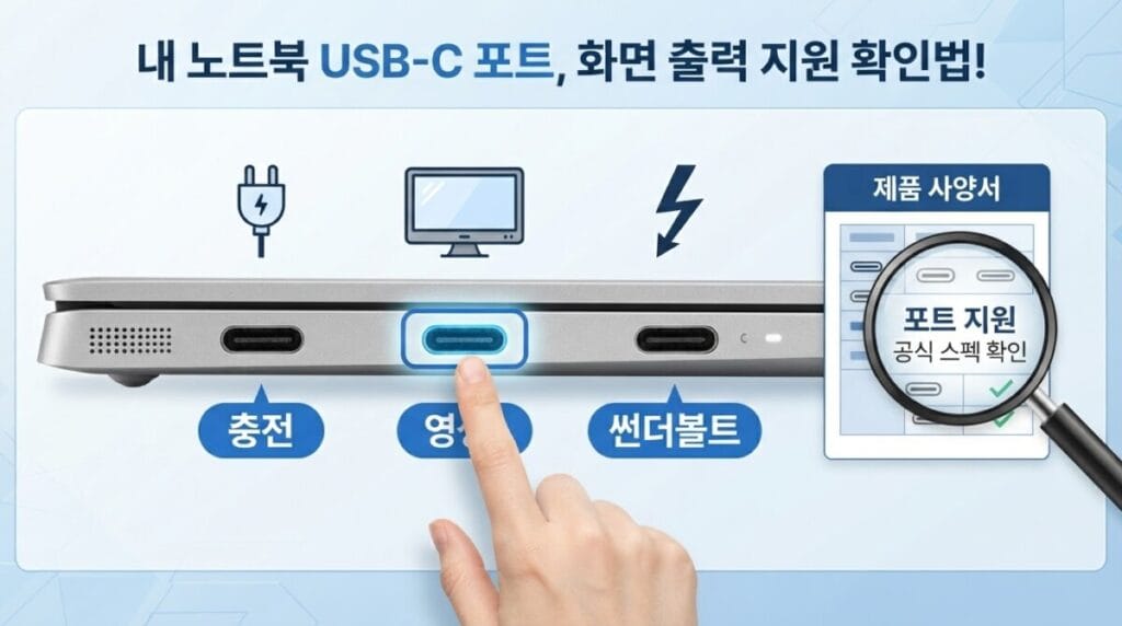 USB-C 화면 출력 지원 단자 확인 노트북 USB-C 단자 옆의 DisplayPort 화면 표시와 Thunderbolt 번개 표시를 확인하는 위치