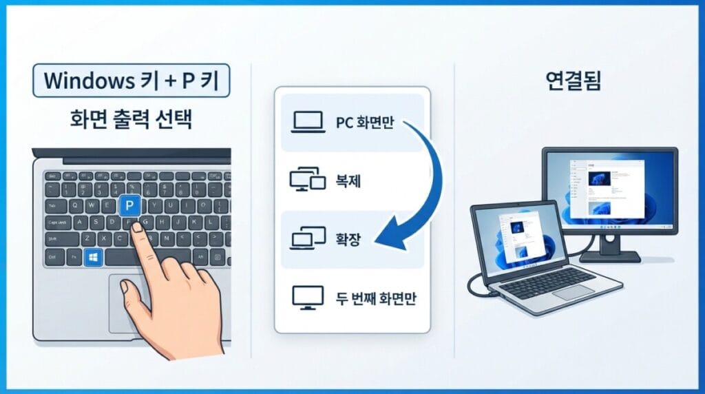 Windows 11 화면 출력 메뉴에서 복제 또는 확장을 선택하는 위치