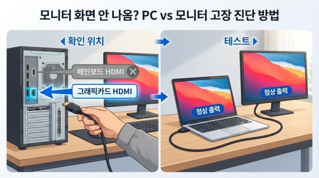 데스크톱 그래픽카드 HDMI 단자와 메인보드 HDMI 단자를 구분하고 다른 컴퓨터로 모니터를 시험하는 방법