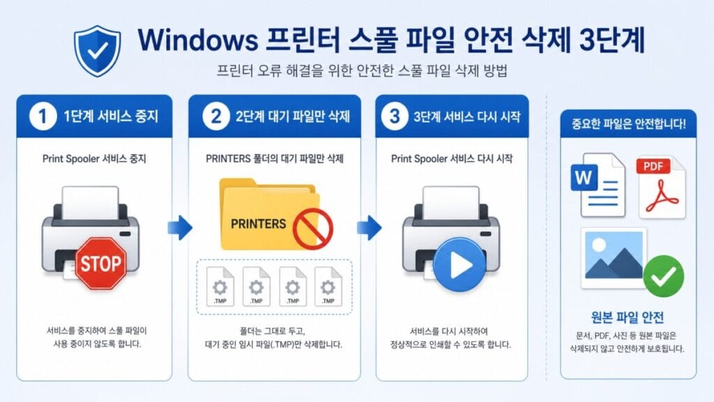 프린터 대기 파일 안전하게 삭제 Print Spooler를 중지하고 Windows PRINTERS 폴더 안의 대기 파일만 삭제한 뒤 서비스를 시작하는 순서