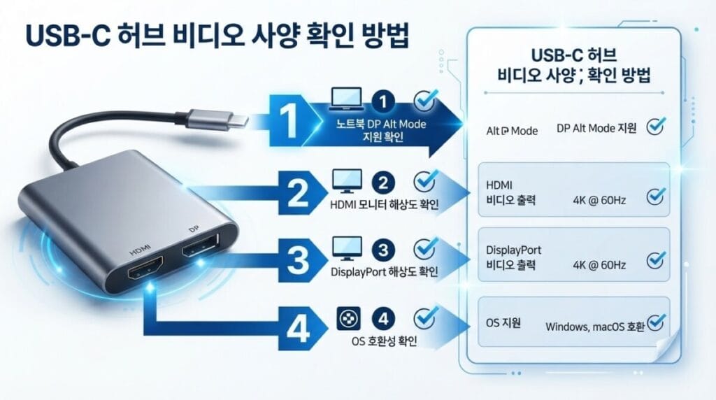 USB-C 허브 영상 지원 규격 확인 USB-C 허브 제품 사양에서 호스트 조건과 HDMI 최대 해상도 및 주사율을 확인하는 항목