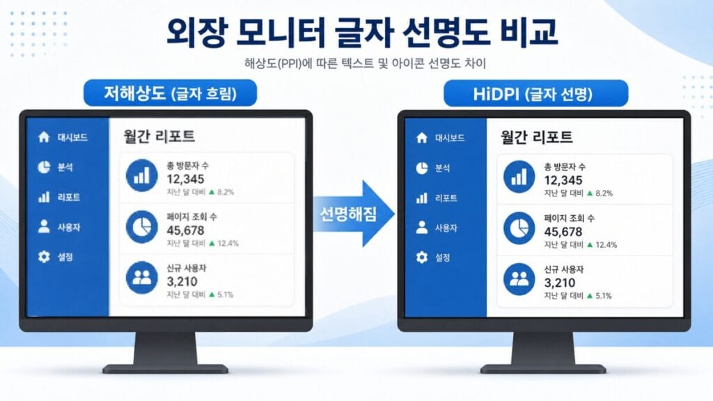 외장 모니터 HiDPI 글자 비교 외장 모니터에서 일반 저해상도 출력과 HiDPI 배율 출력의 글자 선명도를 비교한 모습