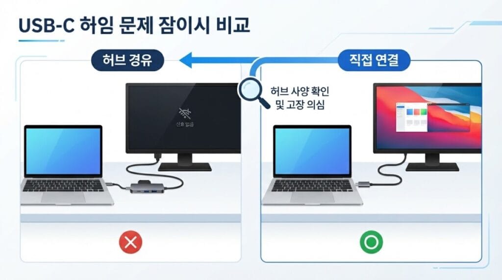 USB-C 허브 문제 구간 확인 USB-C 허브를 제외하고 노트북과 모니터를 직접 연결해 문제 구간을 확인하는 방법
