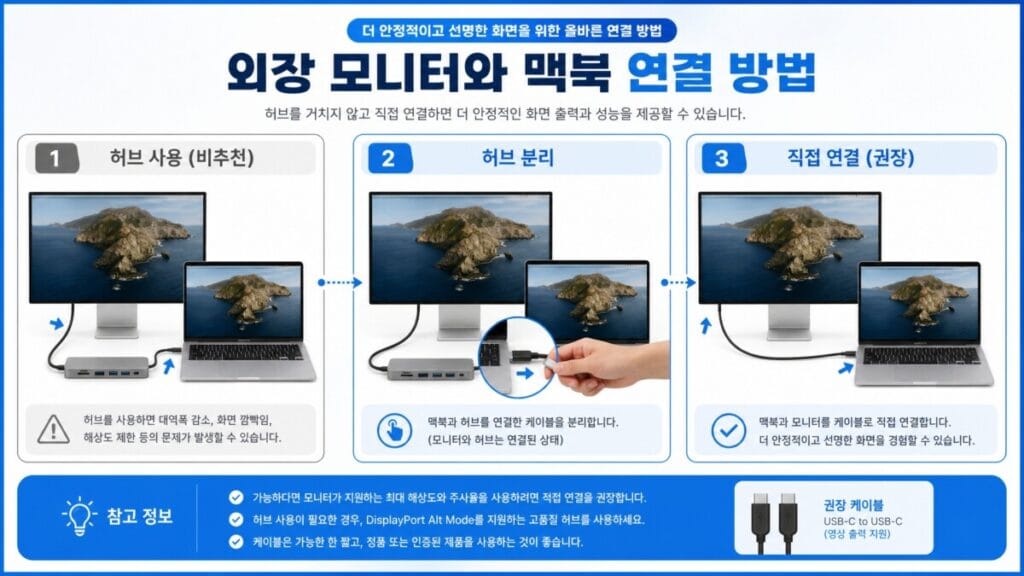 맥북 외장 모니터 직접 연결 USB-C 허브를 제거하고 맥북과 외장 모니터를 영상 케이블로 직접 연결하는 방법