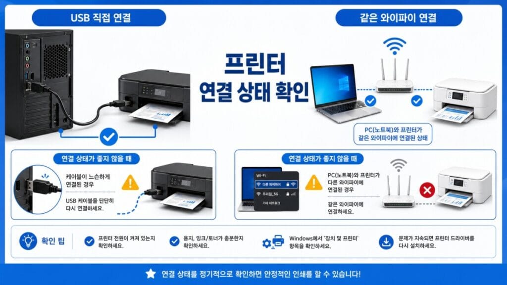 프린터 USB와 와이파이 연결 확인 USB 프린터 직접 연결과 PC 및 프린터의 같은 와이파이 연결을 확인하는 방법