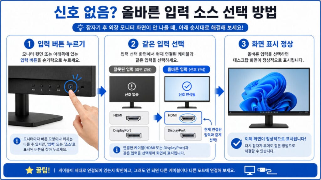 외장 모니터 입력 소스 확인 외장 모니터에서 HDMI와 DisplayPort 입력 소스를 선택하는 위치