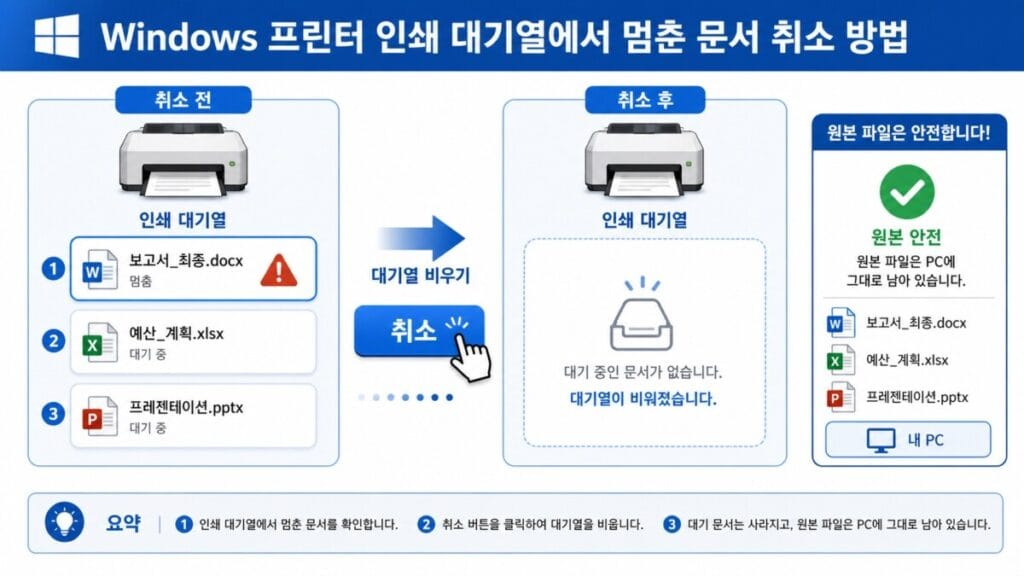 프린터 문서 대기열 삭제 Windows 11 프린터 인쇄 대기열에서 문서 대기 중 작업을 취소하는 위치