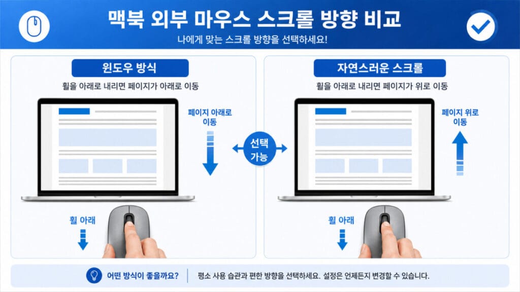 맥북 마우스 스크롤 방향 비교 맥북 마우스 스크롤 반대 현상을 확인하기 위한 Windows 방식과 자연스러운 스크롤 방향 비교