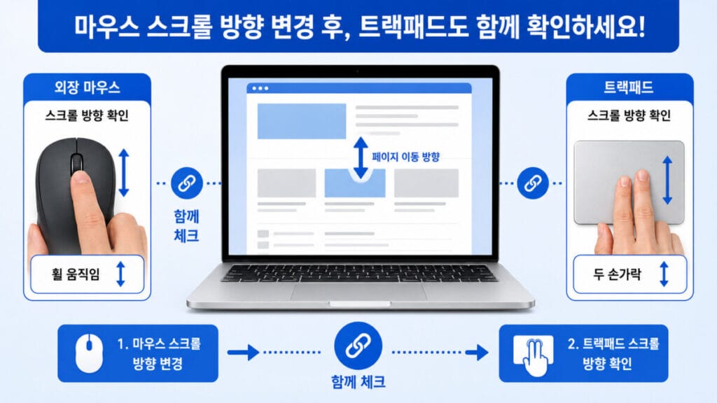 마우스와 트랙패드 스크롤 확인 마우스 스크롤 방향을 변경한 뒤 맥북 트랙패드의 두 손가락 스크롤 방향을 확인하는 모습