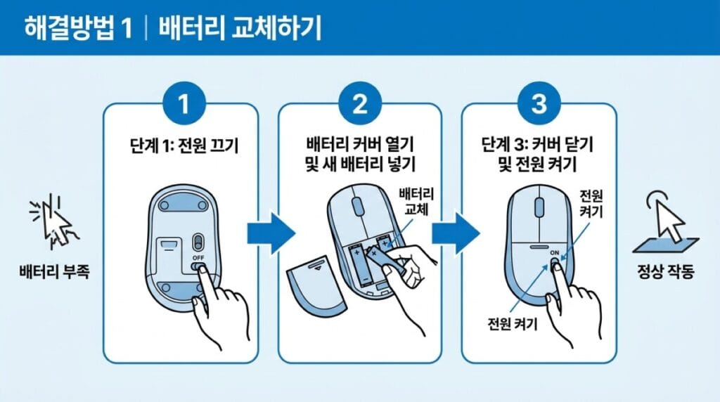 블루투스 마우스 자꾸 끊길 때 마우스 배터리를 교체하고 전원 스위치를 다시 켜는 방법