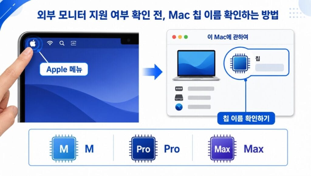 맥북 칩 이름 확인 방법 맥북 이 Mac에 관하여 화면에서 Apple Silicon 칩 이름을 확인하는 위치