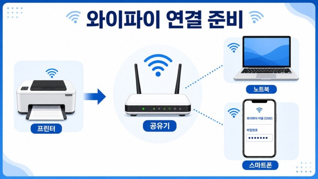 프린터 와이파이 연결 준비 프린터 와이파이 연결 전 공유기 이름과 비밀번호를 준비하고 프린터를 가까이 두는 모습