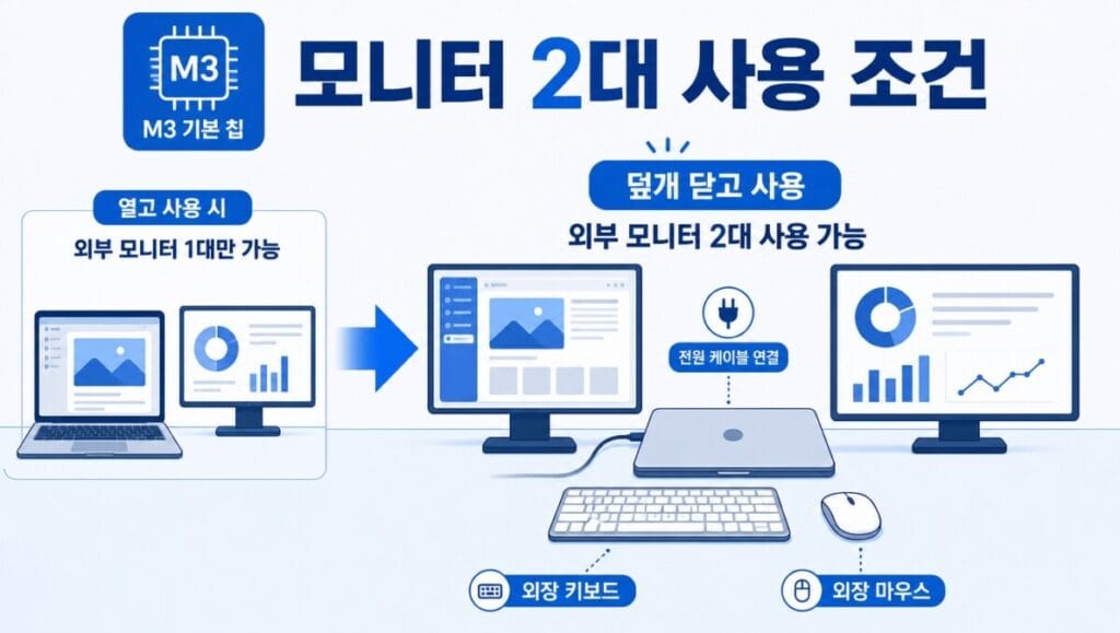 M3 맥북 듀얼 모니터 연결 조건 M3 맥북 덮개를 닫고 외장 모니터 두 대와 키보드 마우스를 연결한 구성