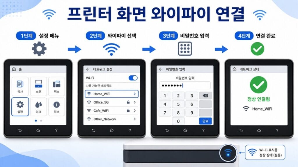 프린터 화면에서 와이파이 연결 프린터 무선 설정 메뉴에서 와이파이 이름을 선택하고 비밀번호를 입력하는 순서