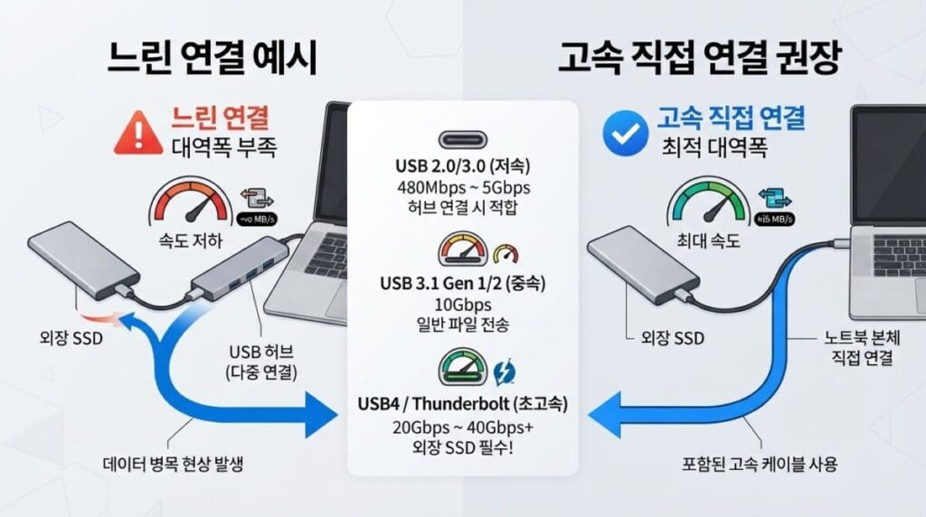외장 SSD 고속 USB 직접 연결 외장 SSD를 USB 허브에서 분리하고 고속 데이터 케이블로 컴퓨터 USB 단자에 직접 연결하는 방법