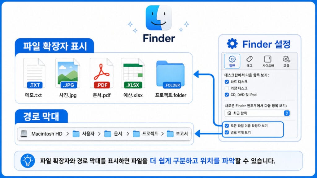 Finder 파일 확장자와 경로 표시 MacBook Finder에서 모든 파일 확장자와 경로 막대를 표시하는 설정 위치