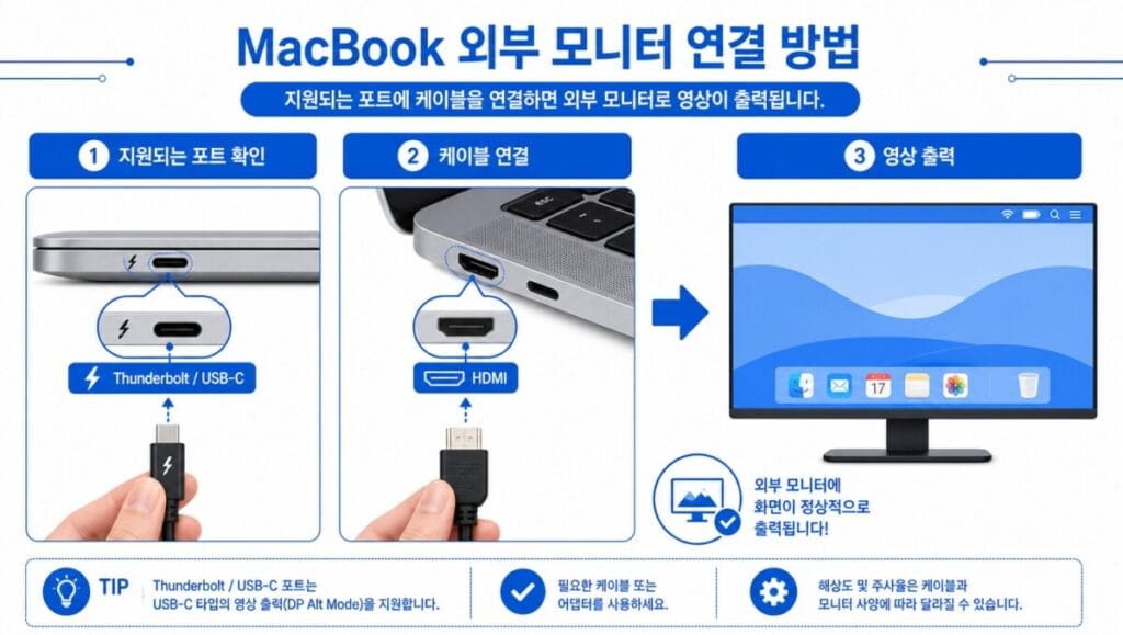 맥북 외장 모니터 포트 연결 맥북 Thunderbolt와 HDMI 단자에 외장 모니터 케이블을 연결하는 위치