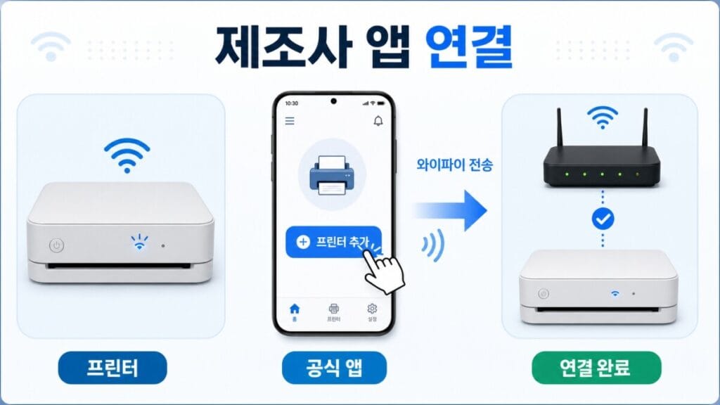 제조사 앱으로 무선 프린터 연결 화면 없는 프린터를 스마트폰 제조사 공식 앱으로 와이파이에 연결하는 순서