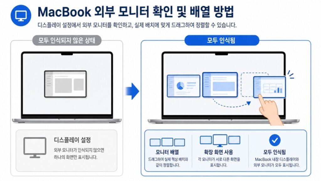 맥북 외장 모니터 인식 확인 macOS 디스플레이 설정에서 연결된 외장 모니터를 각각 확인하고 배열하는 화면