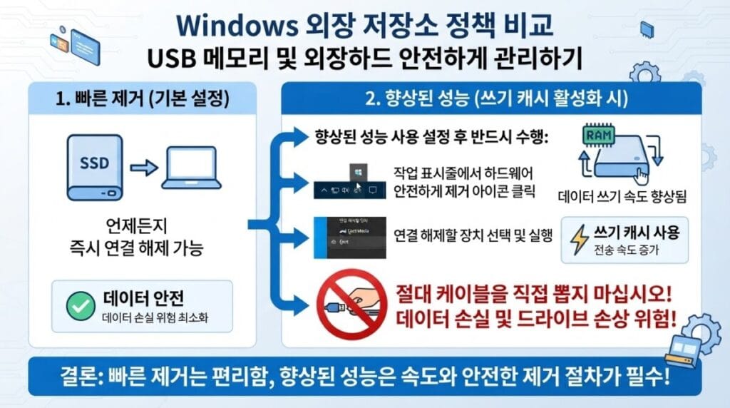 외장 SSD 향상된 성능과 쓰기 캐시 Windows 외장 SSD 정책에서 향상된 성능과 쓰기 캐시를 선택하는 위치와 안전 제거 경고