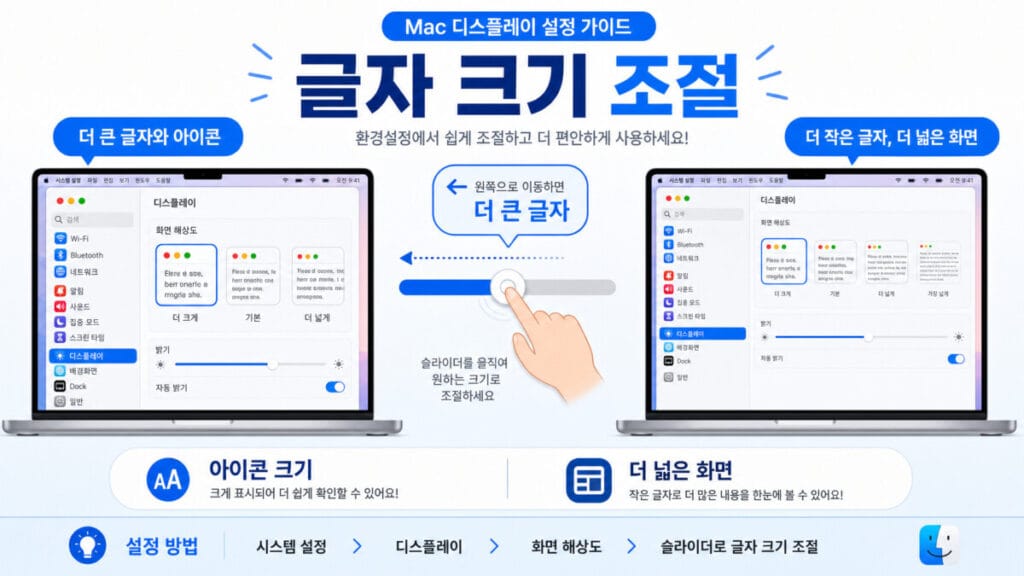 맥북 화면 글자 크기 조절 MacBook 디스플레이 설정에서 더 큰 텍스트와 더 많은 공간을 선택하는 위치