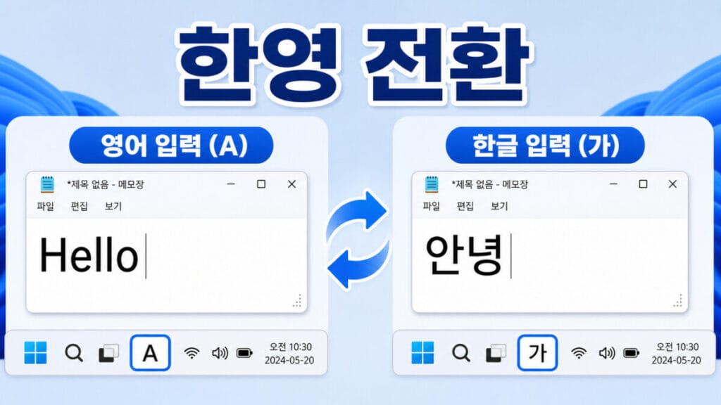 Windows 한글 입력 상태 전환 키보드 한영 전환 안 될 때 Windows 11 작업 표시줄에서 A를 가 입력 상태로 바꾸는 위치