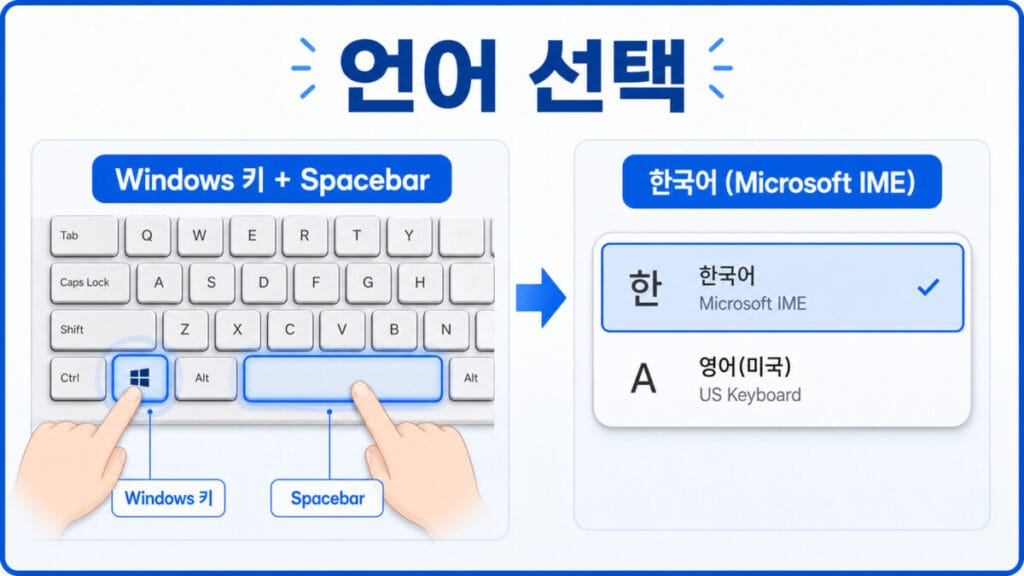 한국어 Microsoft IME 선택 Windows 키와 Spacebar를 눌러 한국어 Microsoft IME를 선택하는 화면