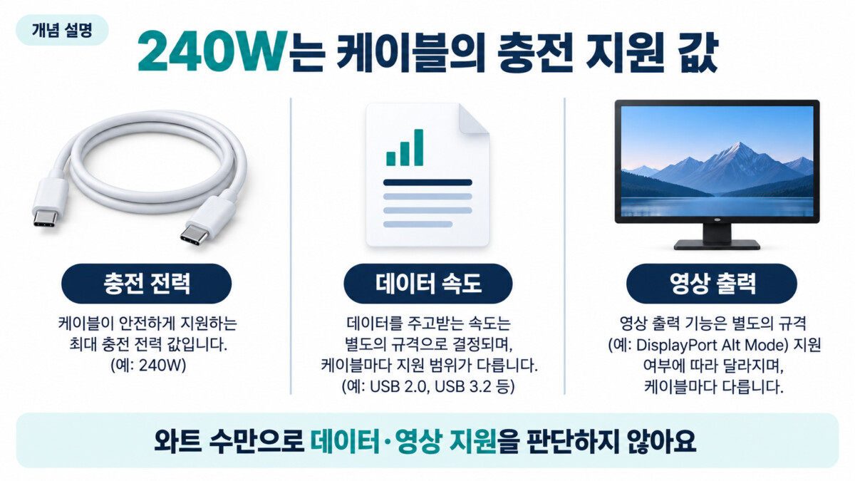 충전 전력과 케이블 기능 구분