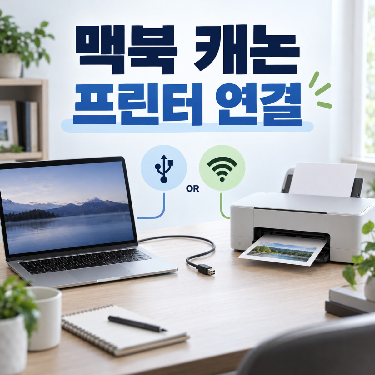 맥북과 캐논 프린터의 연결 준비를 설명하는 대표 개념 이미지