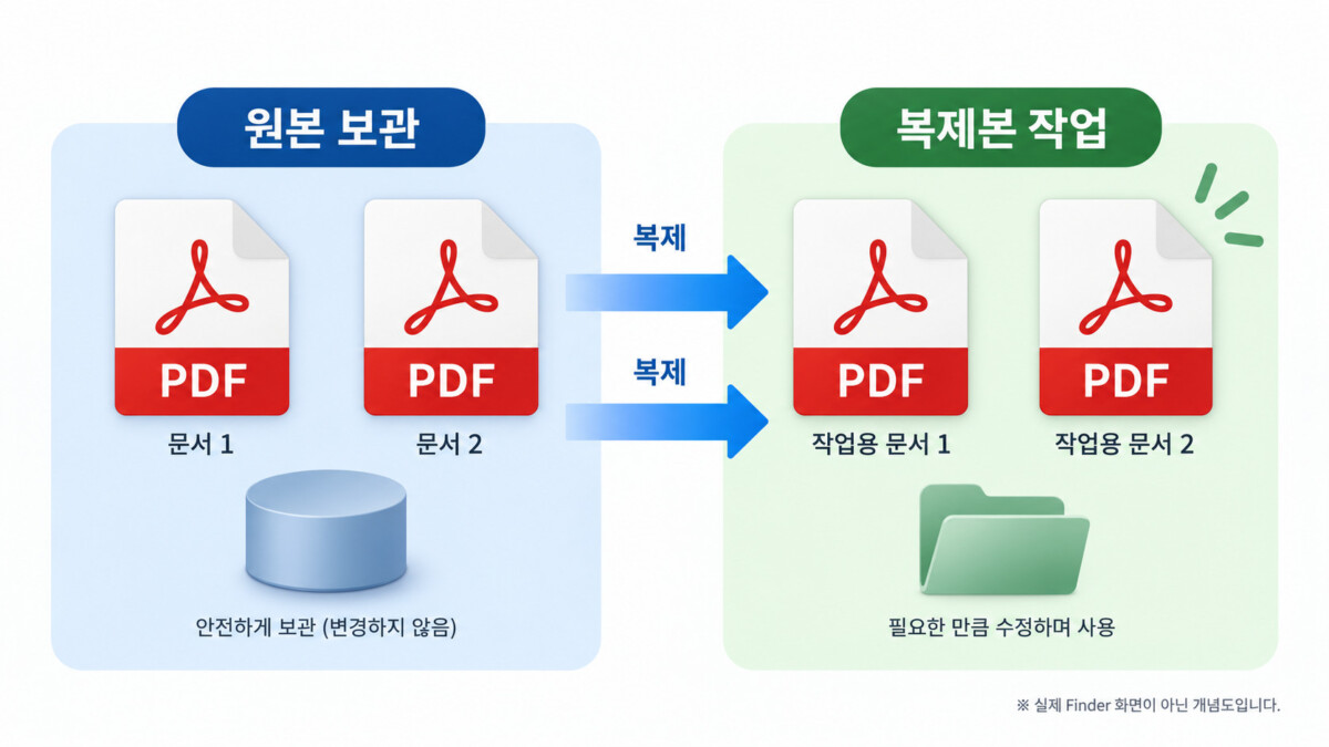 원본 두 파일과 작업용 복제본을 구분하는 개념도